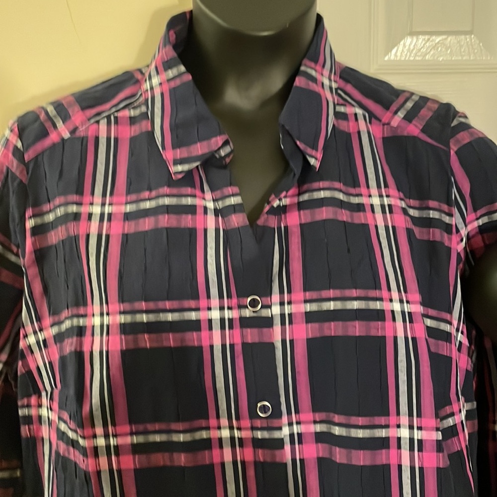 Women’s Navy and Pink Plaid Button-Front Shirt